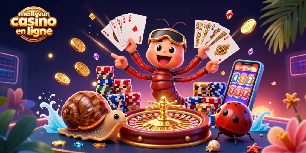 Animations de jeux au meilleur casino en ligne, avec des cartes et des jetons scintillants.