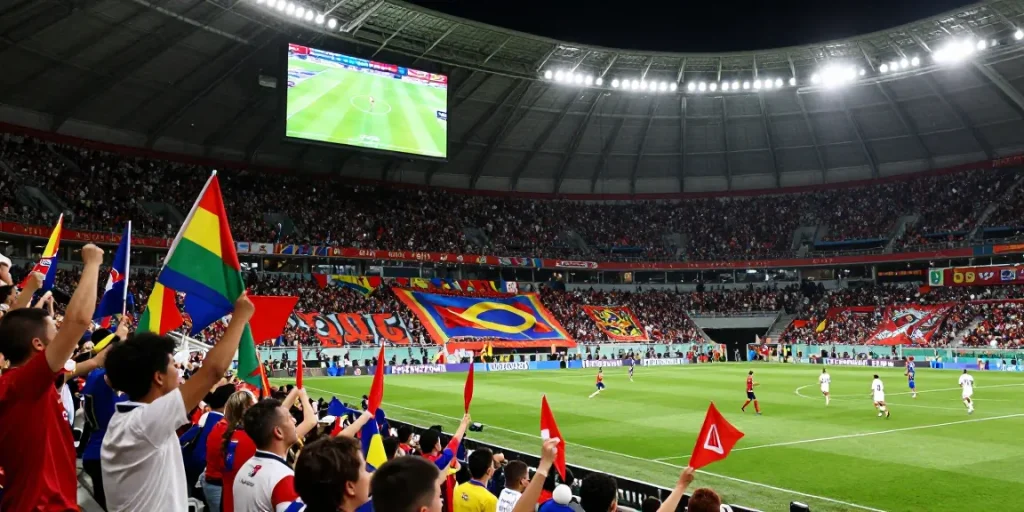 Prediksi piala dunia 2026 dengan penggemar sepak bola merayakan di stadion yang penuh semangat.