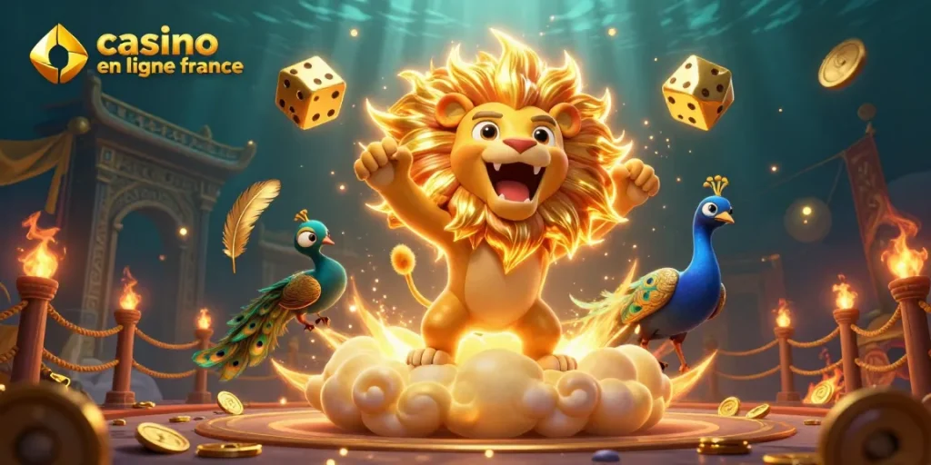 Le lion solaire rugissant à côté des dés dorés pour le casino en ligne France.