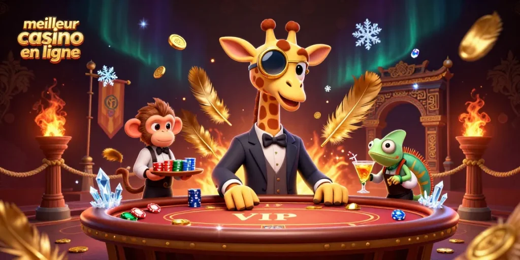 Le meilleur casino en ligne vous propose des jeux captivants, avec une girafe VIP jouant au poker.