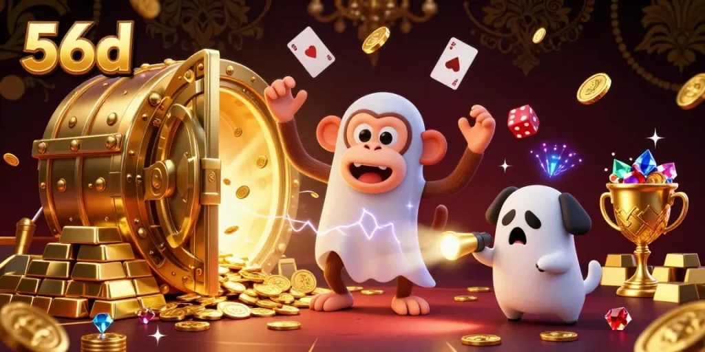 Experience the thrill of gambling with 56d's engaging casino scene featuring a mischievous monkey and a ghost-hunter puppy.