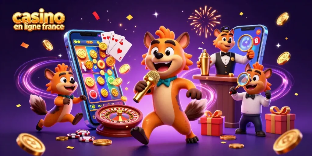 Animation humoristique de hyènes dans un casino en ligne en France, avec jeux et ambiance festive
