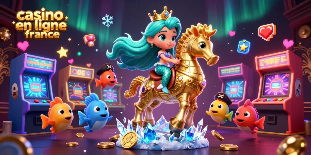 Découvrez l'univers vibrant du casino en ligne France avec une princesse et son hippocampe sous les lumières de l'aube.