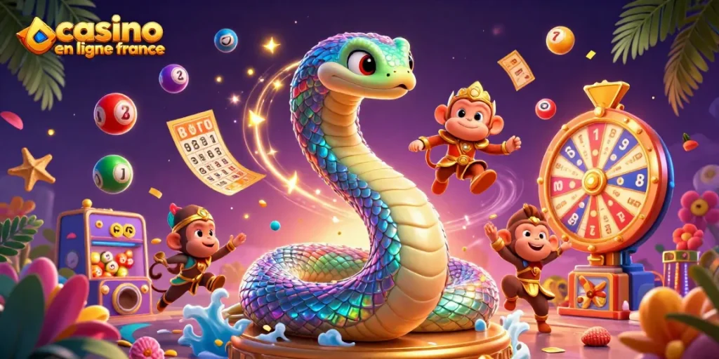 Découvrez le monde vibrant du casino en ligne France avec des serpents colorés et des billets d'or tombants.