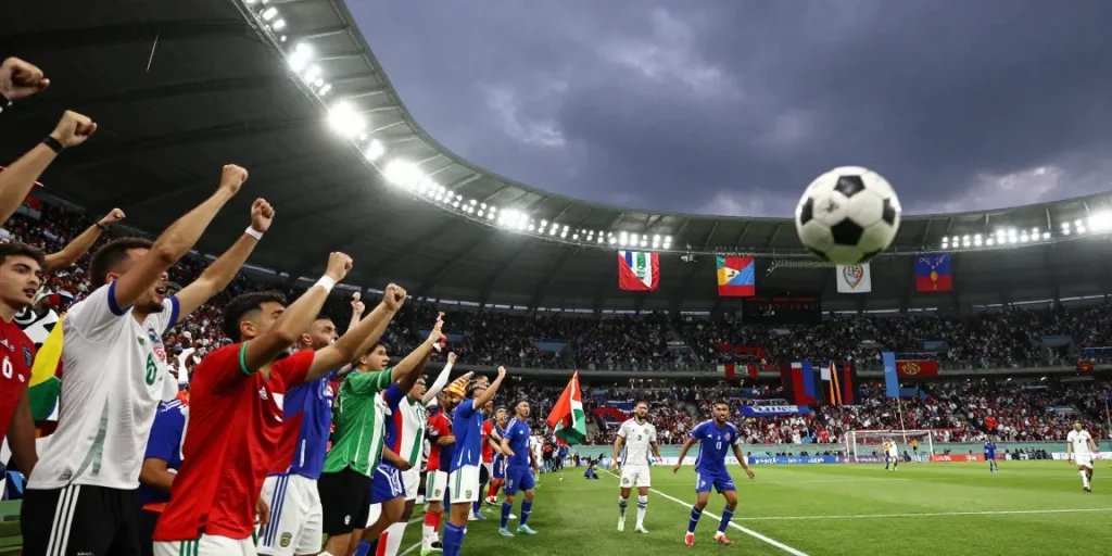 Prediksi piala dunia 2026: Suasana stadion dengan penggemar antusias mendukung tim nasional.