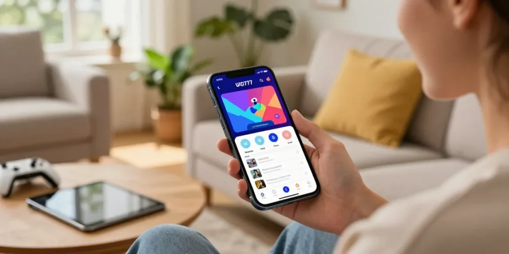 Aplikasi UFO777 yang menunjukkan antarmuka modern di smartphone dengan skor dan jadwal pertandingan.
