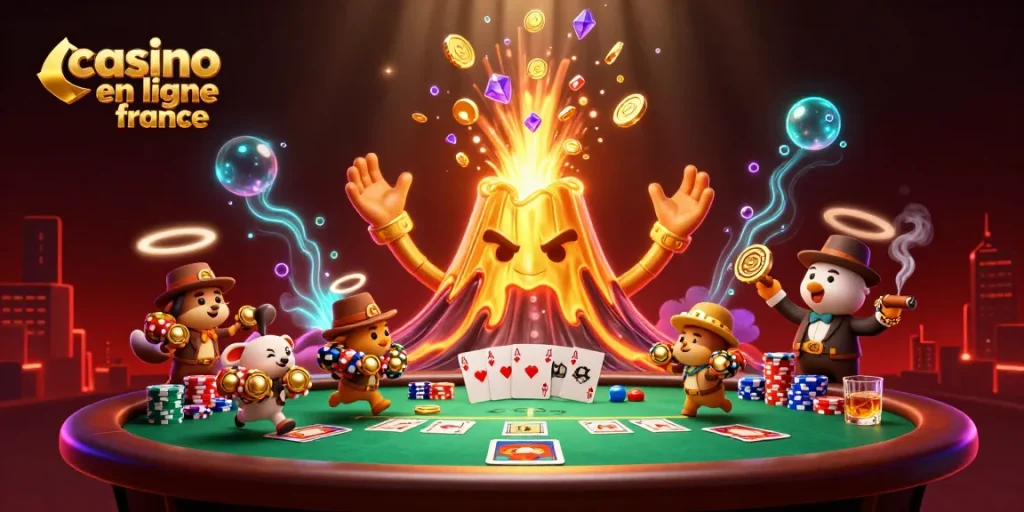 Illustration dynamique de casino en ligne France avec un volcan en or, des animaux explorateurs et des jetons de poker.