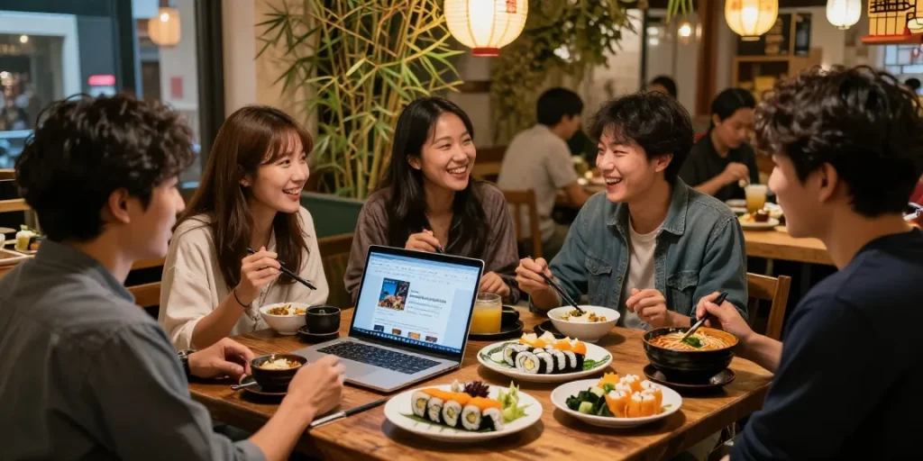 Individuals enjoying discussions on Asian cultures at a vibrant cafe while discovering content from https://hanadultalk.com.