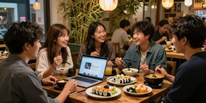 Individuals enjoying discussions on Asian cultures at a vibrant cafe while discovering content from https://hanadultalk.com.
