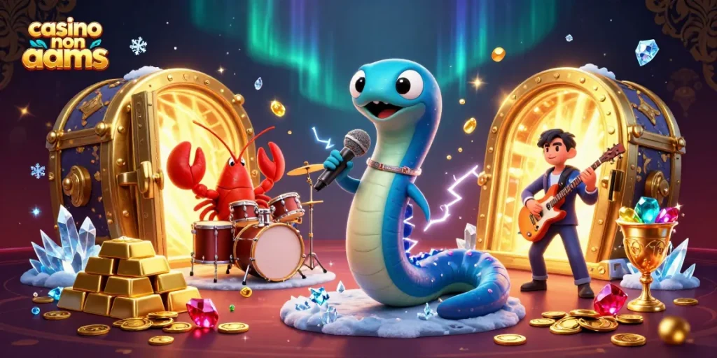 Gioca nei casinò non AAMS con un'illustrazione 3D di un'aragosta batterista e un cavalluccio marino chitarrista in un palcoscenico acquatico.