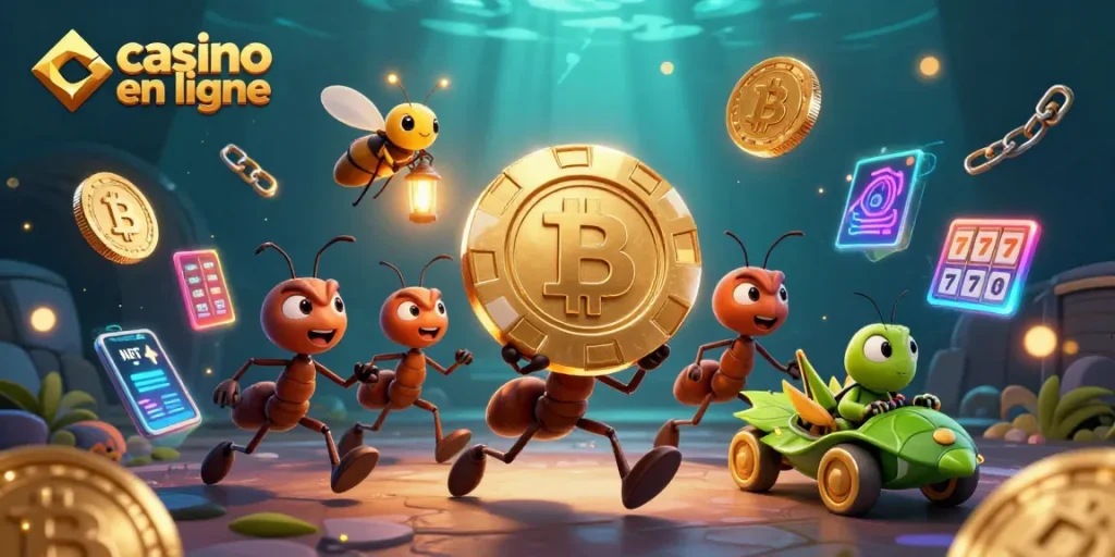 Les fourmis volent un jeton de poker géant dans un casino en ligne, entourées de pièces de crypto-monnaie.