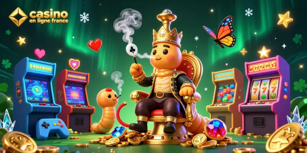 Illustration vibrante de casino en ligne France avec un maître narguilé et des éléments de jeux colorés.