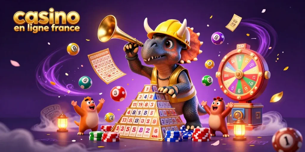 Illustration 3D montrant une scène de casino en ligne France avec des personnages de dinosaure, symboles de jeu et ambiance festive.