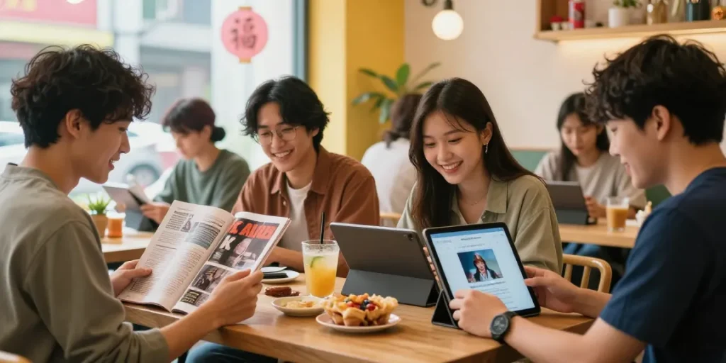 Engaged young adults exploring Asian culture through https://hanadultalk.com in a lively cafe setting.